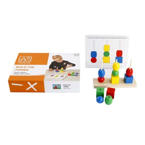 Coloured Shapes on 3 Dowels with Workcards: Build the tower