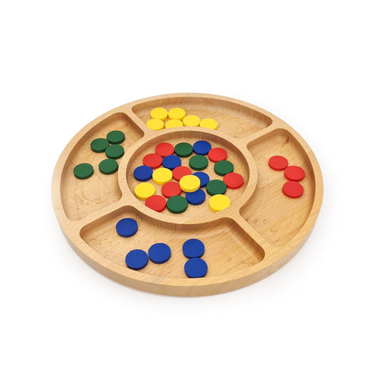 Wooden Round 4 Compartment Sorting Tray with Counters