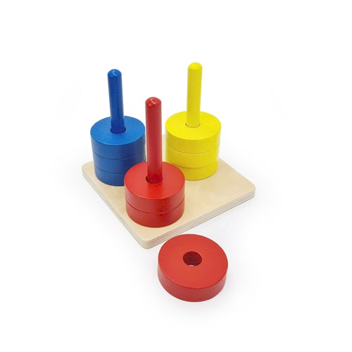 Montessori Coloured Discs on 3 Coloured Dowels