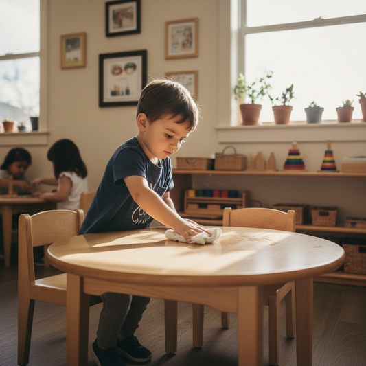 A child cleaning a table