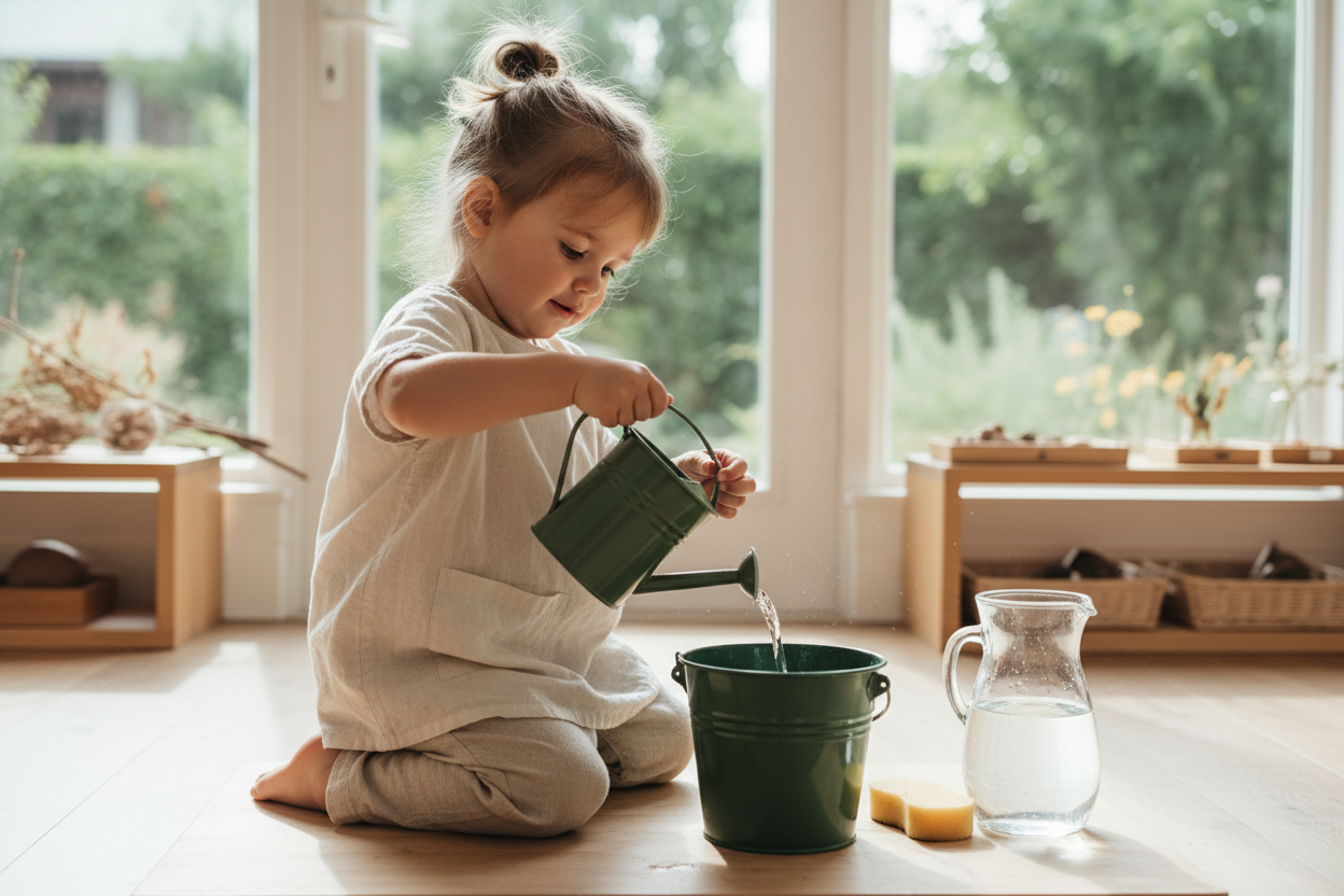A child pouring water from a green watering can into a green bucket