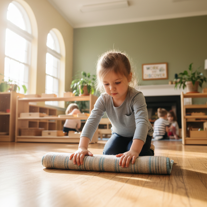 A child rolling up a small carpet
