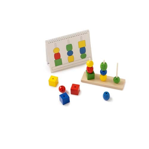 Coloured Shapes on 3 Dowels with Workcards: Build the tower